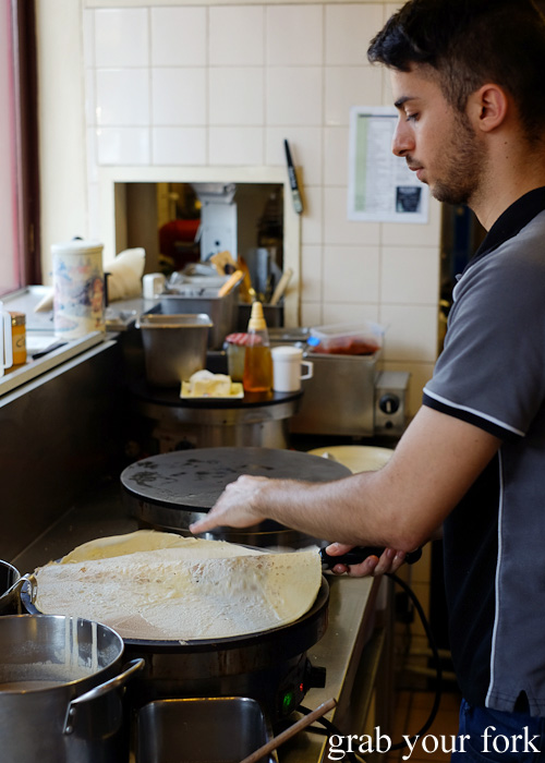 Flipping the crepe at Breizoz French Creperie, Fitzroy