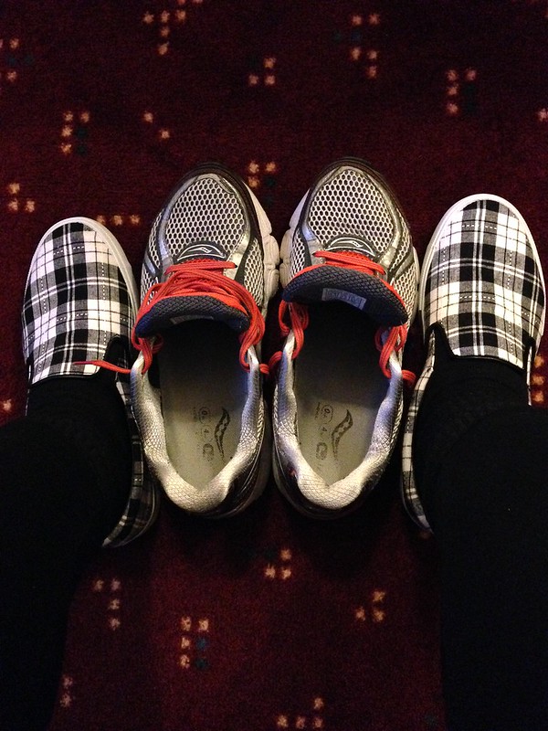 My T-I-R-E-D feet wore the plaid slip ins from home to the hotel in London. The empty Saucony shoes in the middle took over this afternoon when we rode the Tube to Camden Market. I changed back to the slip ins for a walk down to the front desk to try to g