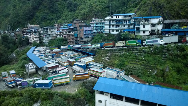 Trucks waiting on the Nepal side