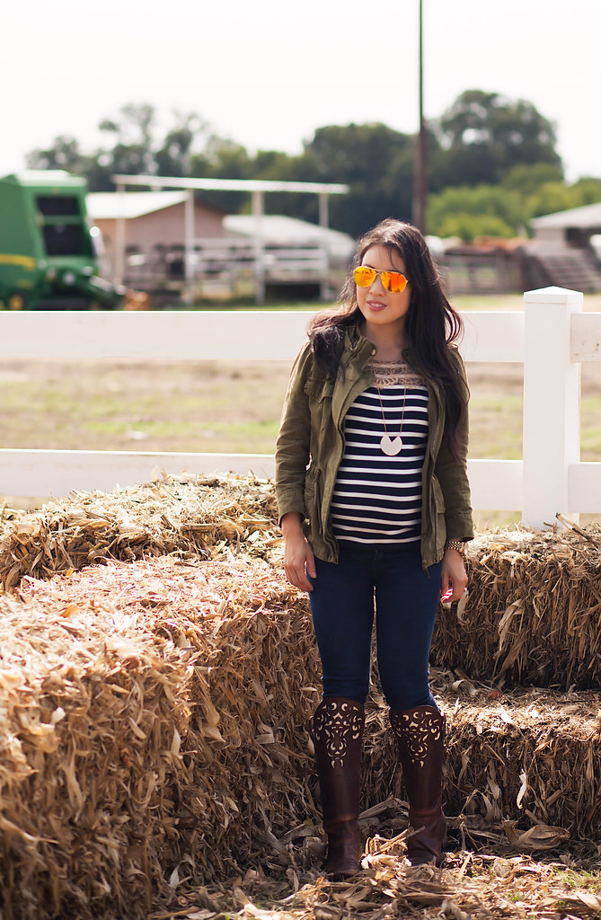 cute & little blog | petite fashion | storybook ranch fall pumpkin patch | dallas mckinney | utility jacket, striped lace yoke, bdg grazer jeans, ariat hacienda over the knee cowboy boots, oakley caveat aviators | fall maternity baby bump pregnant outfit