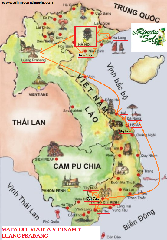 Mapa de la ruta del viaje a Vietnam y Luang Prabang