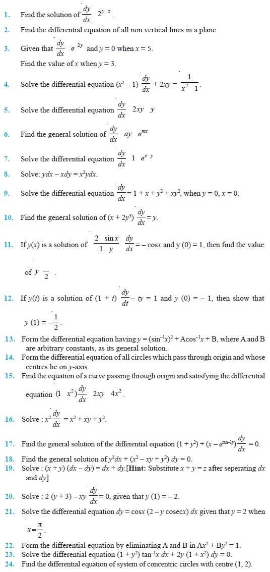 Class 12 Important Questions for Maths - Differential Equations