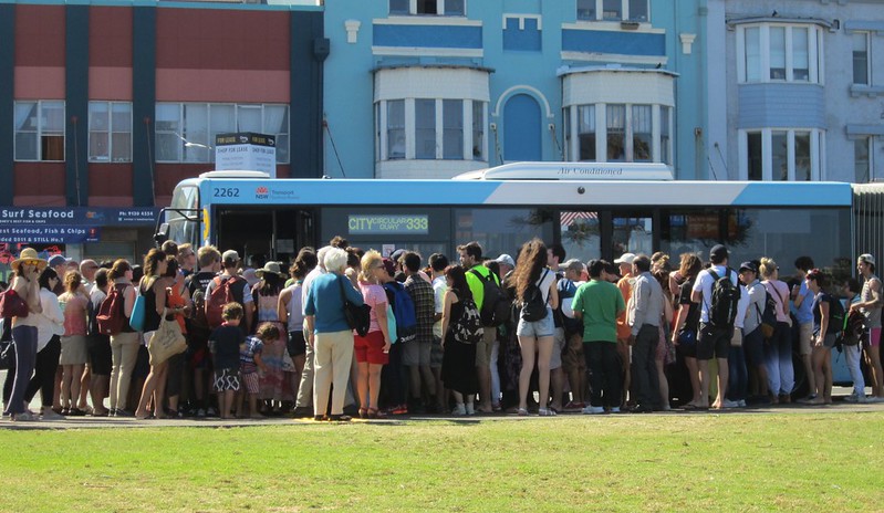 Bondi Beach: Queue for bus back to Bondi Junction and Sydney city