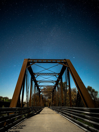 old bridge autumn trees sky fall nature leaves wisconsin night rural train river dark stars landscape star october iron glow view unitedstates bright structure trail moonlight late atv 12mm pecatonica 2014 f20 browntown rokinon cheesecountrytrail