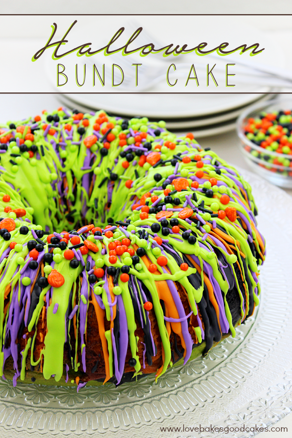 Halloween Bundt Cake with a stack of plates.
