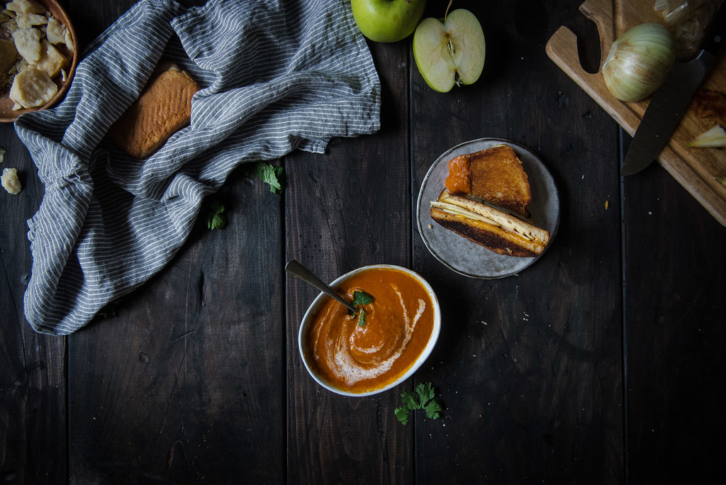 tomato bisque & apple-bacon grilled cheese | two red bowls