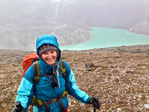 Snow is starting to come down on our way from Gorak Shep to Dzongla, but the lake still glows a beautiful glacial blue