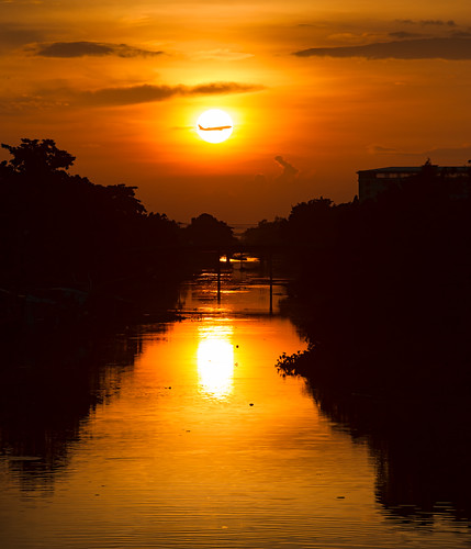 bridge light sky cloud sun reflection tree water sunrise airplane thailand dawn canal asia southeastasia bangkok culture
