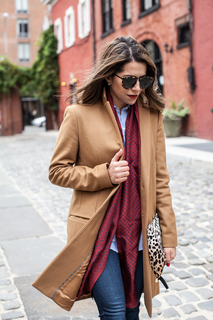 menswear outfit jcrew zara camel coat skinny jeans coach loafers clare vivier leapord clutch karen walker sunglasses how to wear menswear pieces corporate catwalk what to wear in the fall how to layer in new york city
