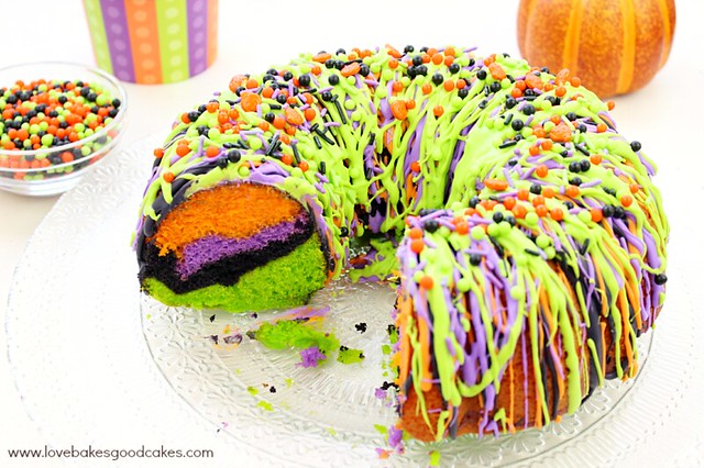 "Oooh" and "aah" your guests with this impressive Halloween Bundt Cake! It is so colorful and it's easy to make.