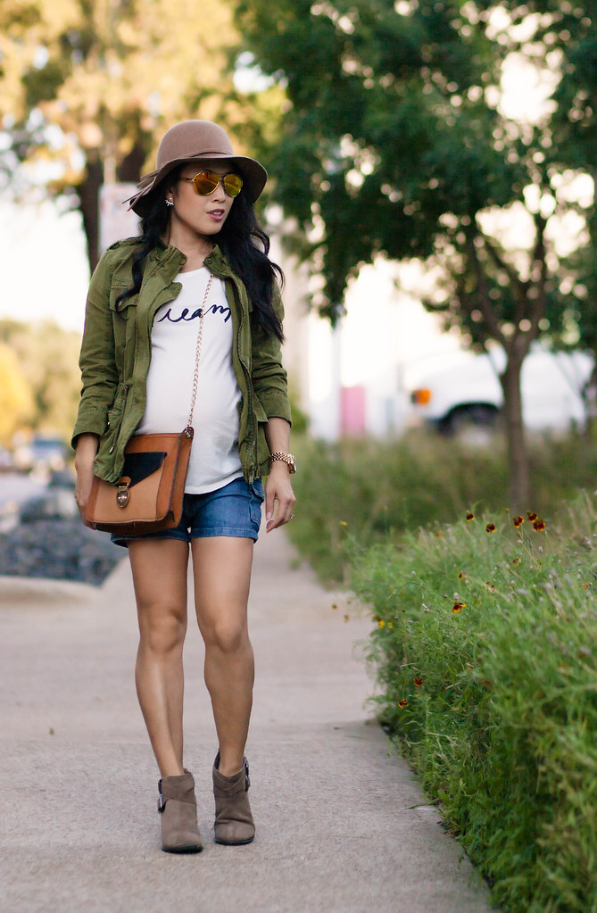 cute & little blog | petite fashion | maternity baby bump pregnant | dream graphic tee, denim shorts, military jacket, felt floppy hat, ankle boots | fall outfit | second trimester 26 weeks