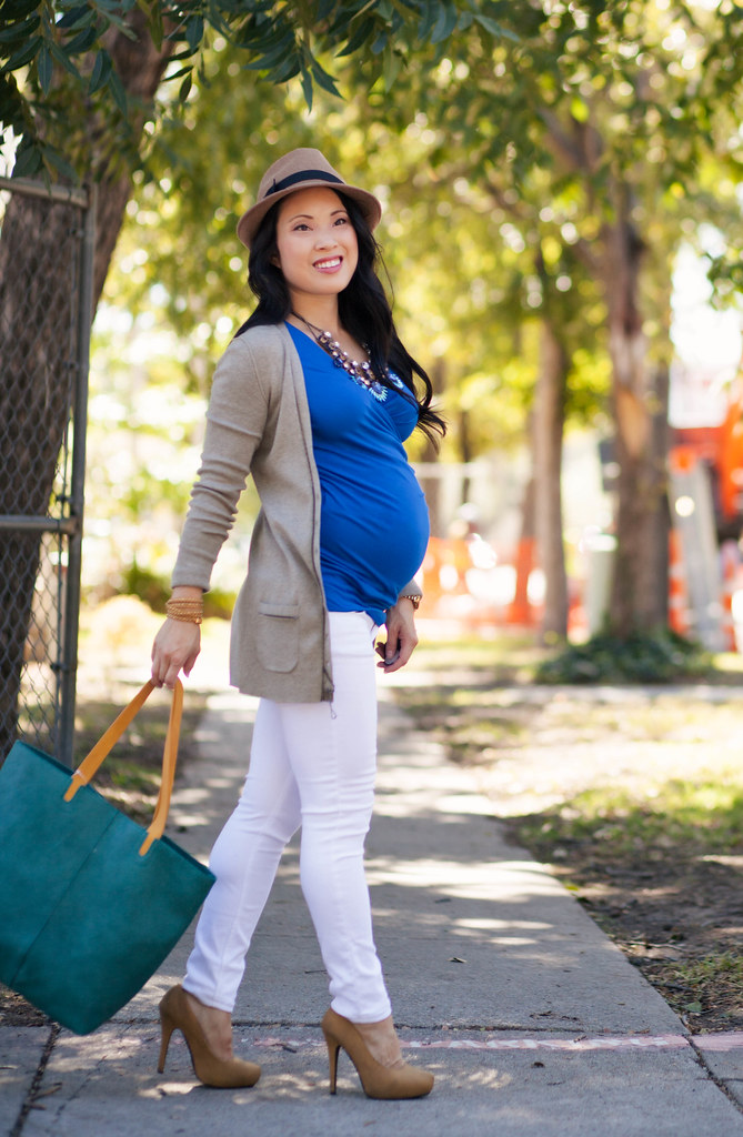 cute & little blog | petite fashion | maternity baby bump summer fall style | isabella oliver bromley wrap top, long taupe cardigan, white skinny jeans, baublebar statement necklace, teal tote, nordstrom wool fedora | second trimester 26 weeks