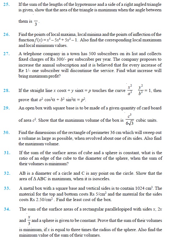 Class 12 Important Questions for Maths - Application of Derivatives