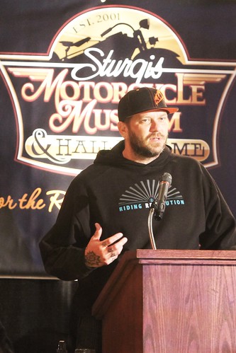 Legend Air Suspension Owner Jesse Jurrens speaks at his induction into the Sturgis Motorcycle Museum Hall of Fame.