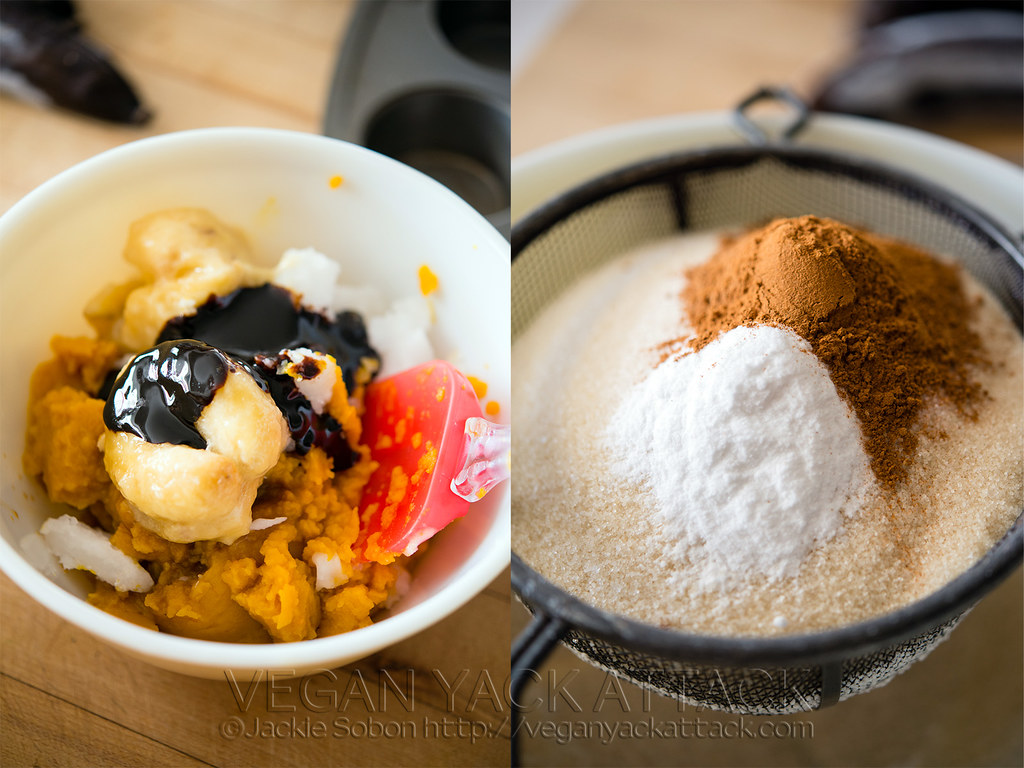 Image collage of mixing pumpkin with wet ingredients and sifting dry ingredients