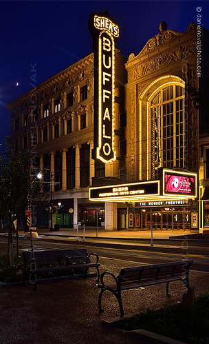 lighting city blue light moon ny newyork colors architecture bench marquee photography buffalo mainstreet theater downtown neon cityscape theatre performingarts center crescent bluehour welcome sheas