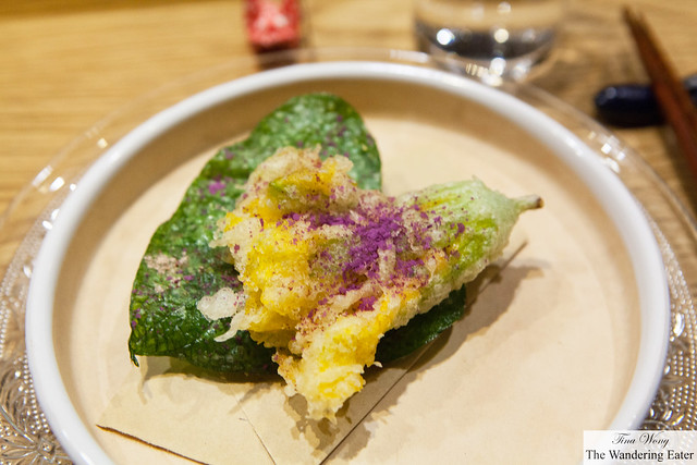 Tempura of towel squash stuffed with shrimp and uni, towel squash leaf dusted with ube powder