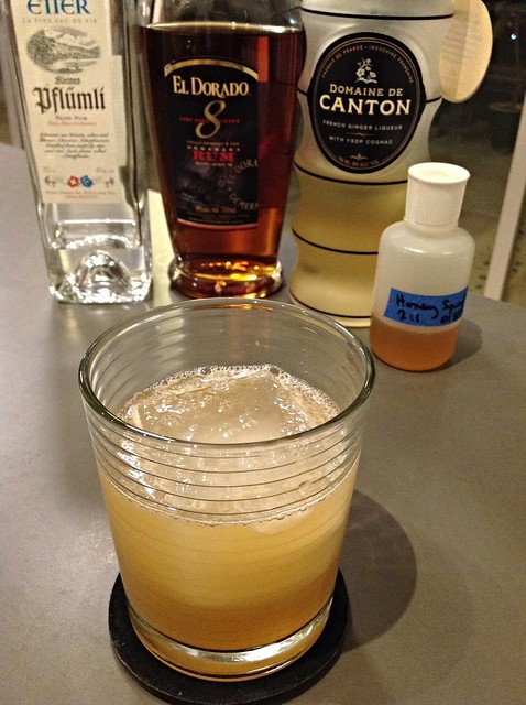 Perfect Storm (Happiness Forgets) with El Dorado 8-year demerara rum, lemon juice, ginger liqueur, honey, plum brandy