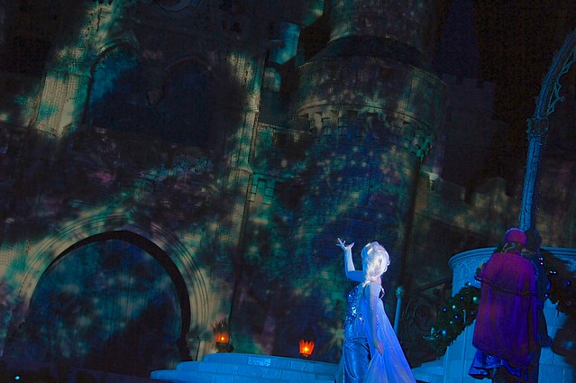 A Frozen Holiday Wish castle lighting stage show at Walt Disney World