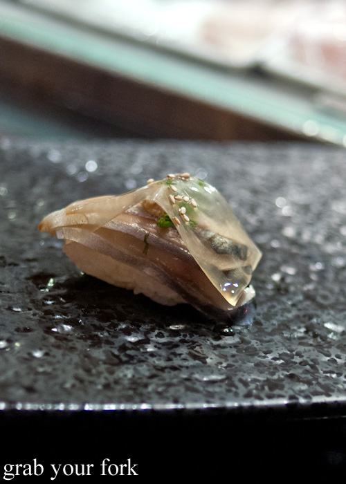 Shimi saba mackerel with kombu nigiri sushi at Sokyo at The Star, Pyrmont