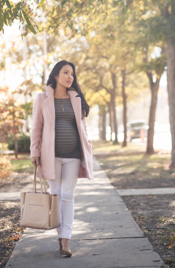 cute & little blog | petite fashion | maternity baby bump pregnant | pink wool coat, gray striped maternity tunic, white jeans, leopard pumps, lariat necklace | fall winter outfit | third trimester