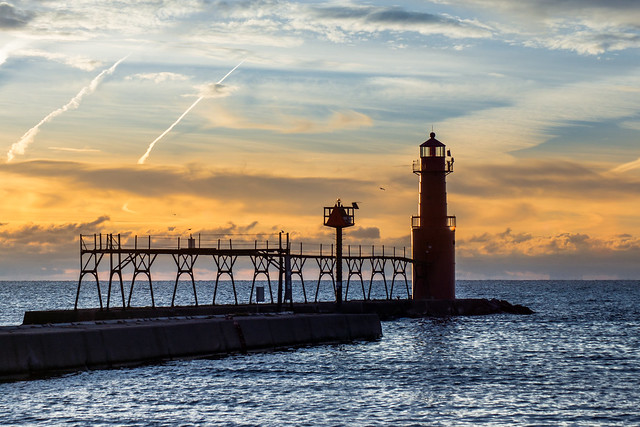 Lighthouse, Algoma, WI, Silhouette, Sunrise, Lake Michigan
