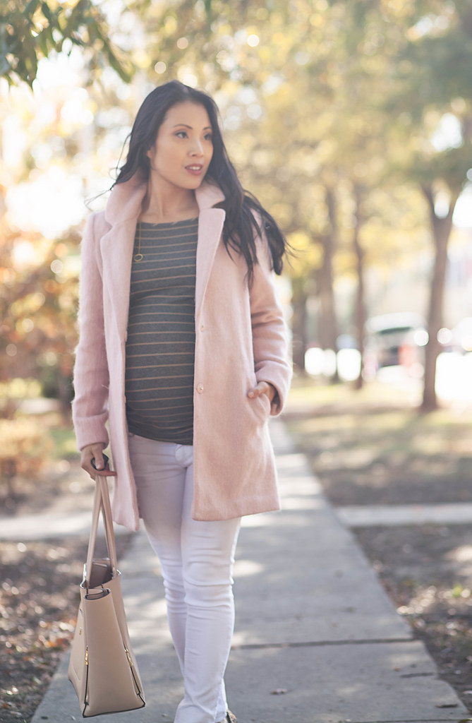 cute & little blog | petite fashion | maternity baby bump pregnant | pink wool coat, gray striped maternity tunic, white jeans, leopard pumps, lariat necklace | fall winter outfit | third trimester