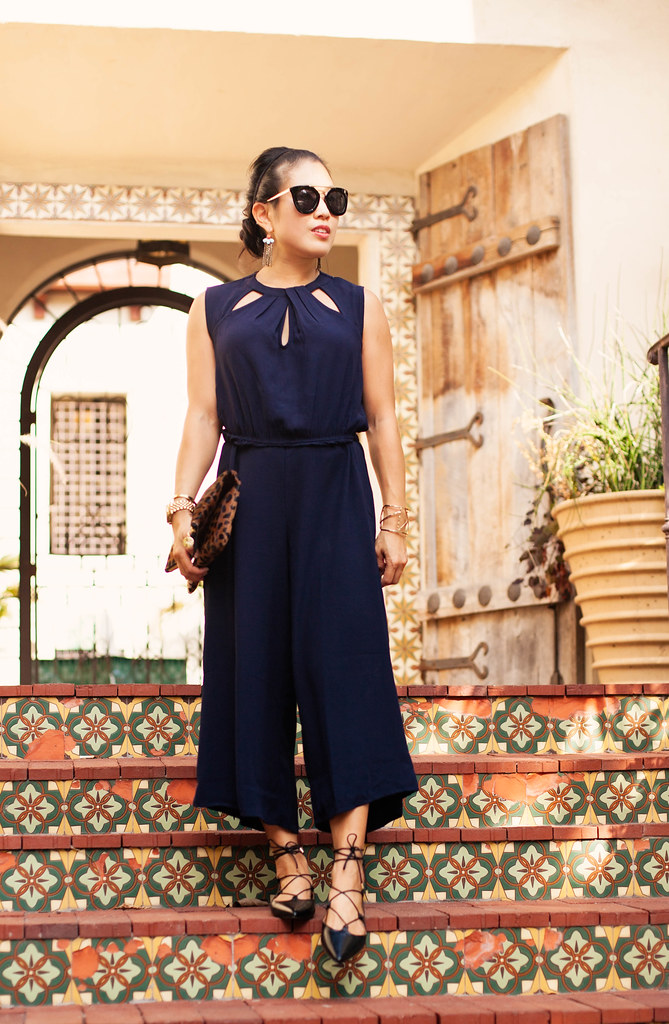 cute & little blog | petite fashion | forever 21 navy cutout midi jumpsuit, lace up flats, clare v leopard clutch, prada sunglasses | summer fall outfit