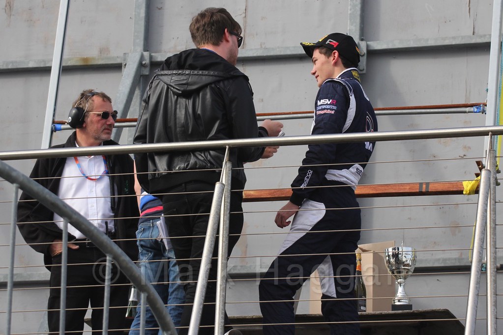 Champion Will Palmer is interviewed after BRDC F4 Race 3 at Donington Park, September 2015