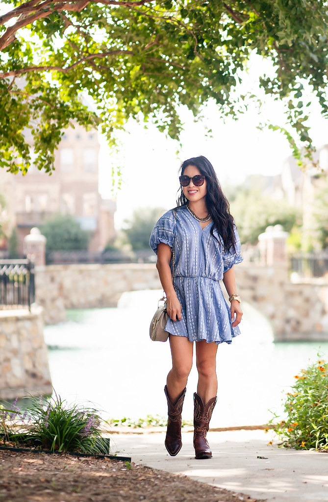 cute & little blog | petite fashion | chambray embroidered dress, ariat cowboy boots, chloe drew crossbody | summer fall transition outfit