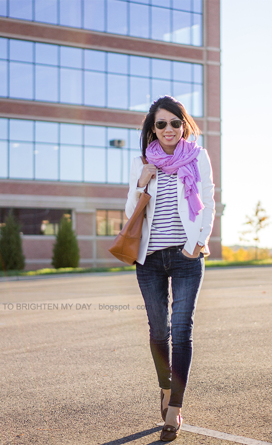 striped top, white blazer, lilac scarf, cognac brown tote, brown loafers, oversized watch