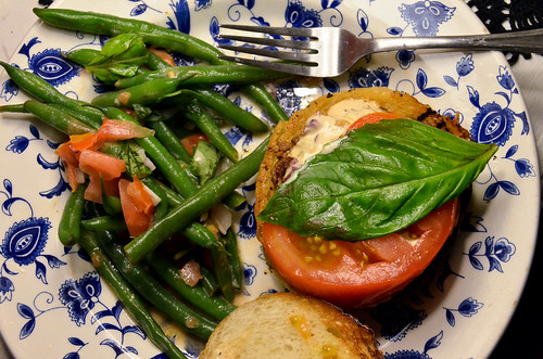 Tomato-Basil Burgers with Olive Aioli & Green Bean-Tomato Salad