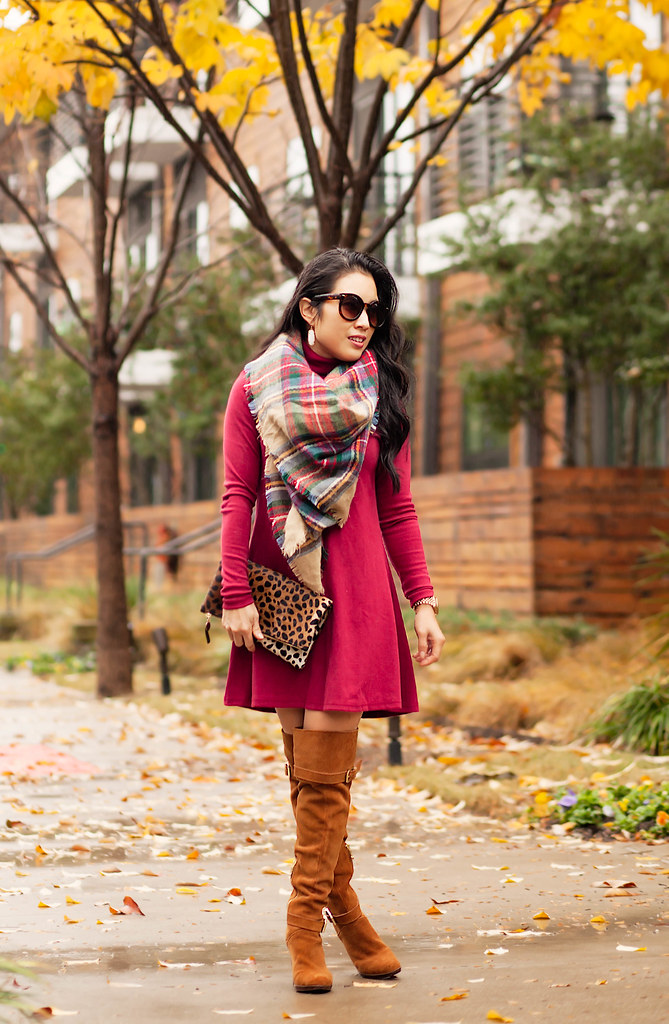 cute & little blog | petite fashion | burgundy sweater dress, tartan plaid blanket scarf, tan over the knee otk boots, leopard clutch | fall outfit