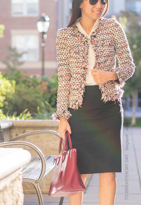 tweed jacket, white cowl top, black pencil skirt, burgundy pumps
