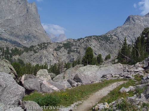 Walking through the pass, there are glimpses of the Cirque of Towers, Jackass Pass, Wind River Range, Wyoming