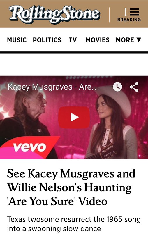 Kacey Musgraves wearing custom Rockin&#039; B in her newest music video with Willie Nelson.