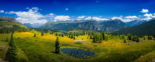 blue sky panorama mountain mountains forest landscape pond colorado pano meadow sanjuan co rockymountains milliondollarhighway