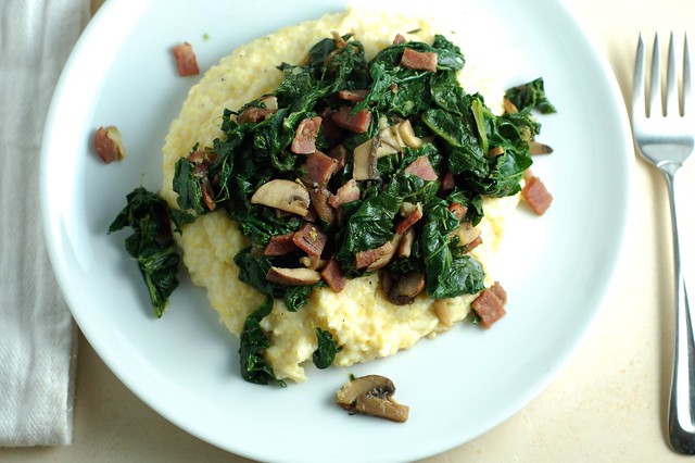 Creamy polenta with bacon, kale and mushrooms by Eve Fox, the Garden of Eating, copyright 2015