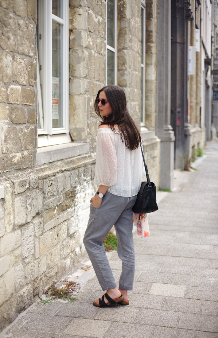 outfit: off the shoulder top, relaxed trousers, birkenstocks