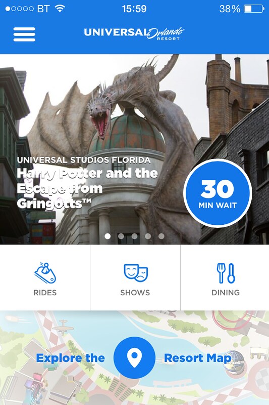 Universal Studios Orlando App Home Screen