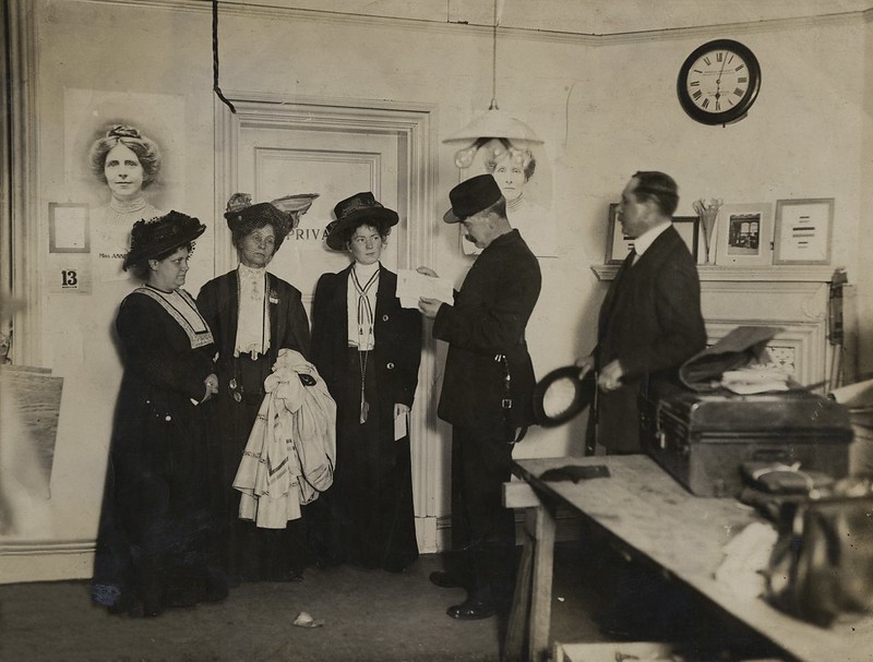 The arrest of Flora Drummond, Emmeline and Christabel Pankhurst, WSPU offices at Clement's Inn, 1908. Credit: LSE Library