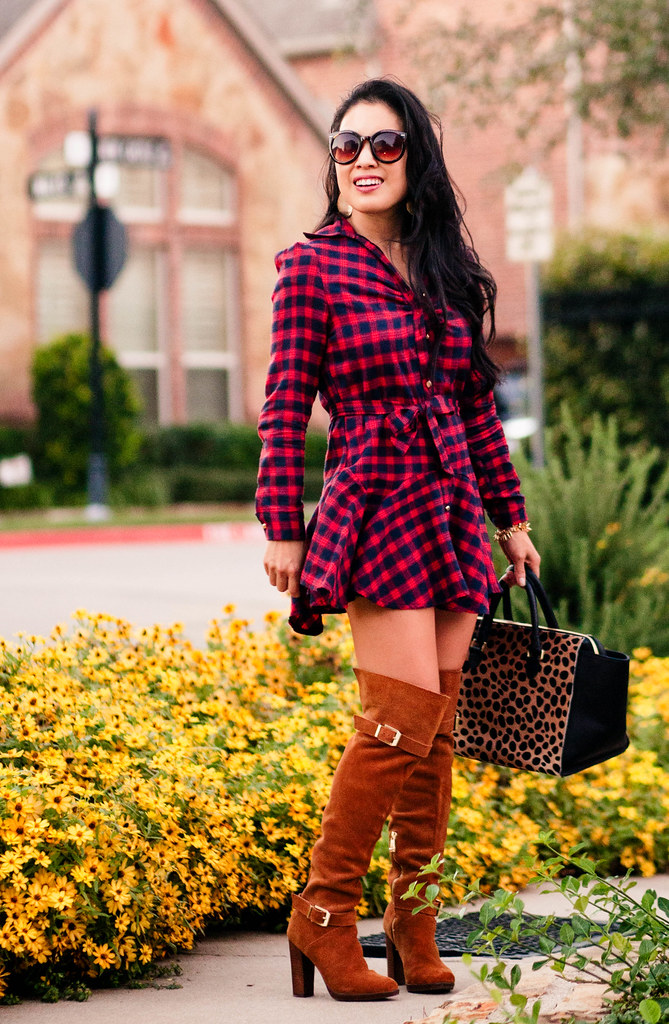cute & little blog | petite fashion | red plaid dress, suede over the knee boots, leopard satchel | fall outfit