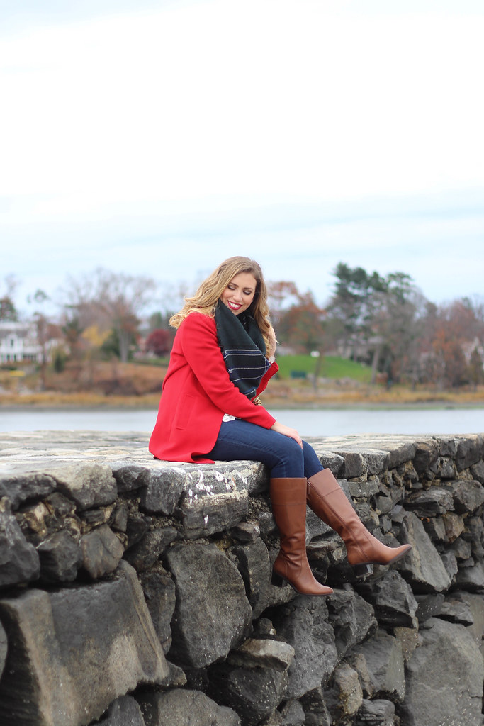 Red Coat | Plaid Blanket Scarf | Wide Calf Boots | Casual Holiday Outfit