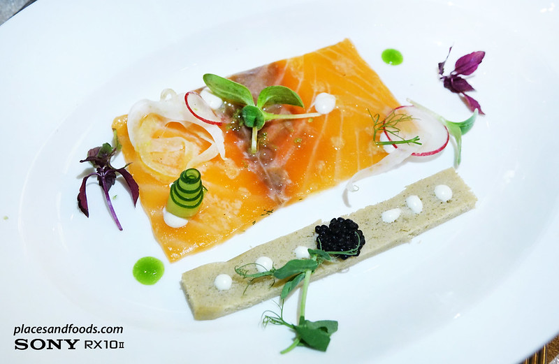 dinner and audience with gary rhodes “The Sea” – Cured Loch Fyne Salmon with fennel & red radish slaw, buckwheat blinis and light horseradish cream