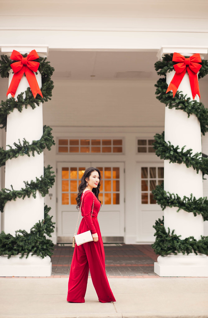 cute & little blog | petite fashion blog | red wide leg jumpsuit | holiday new years outfit