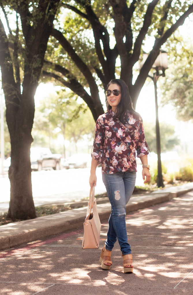 cute & little blog | petite fashion | wine floral surplice top, distressed jeans | fall outfit