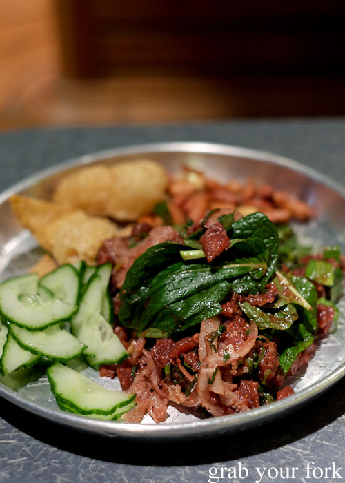 Larb dib Northern style raw beef salad at Chung Tang, Chatswood