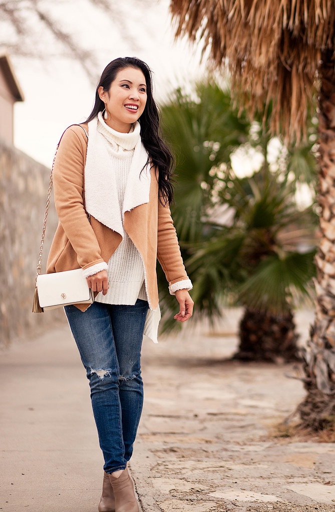 cute & little blog | petite fashion | suede shearling waterfall jacket, white turtleneck sweater, distressed jeans | neutral fall outfit
