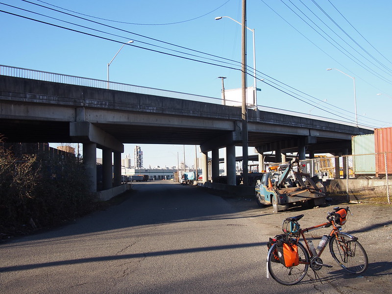 1st Ave Overpass: Following bicycle route signs, I ended up here.  There was no way to downtown directly through here.