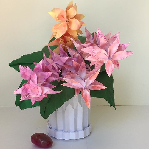 Pink and Peach Origami Flowers in Origami Vase